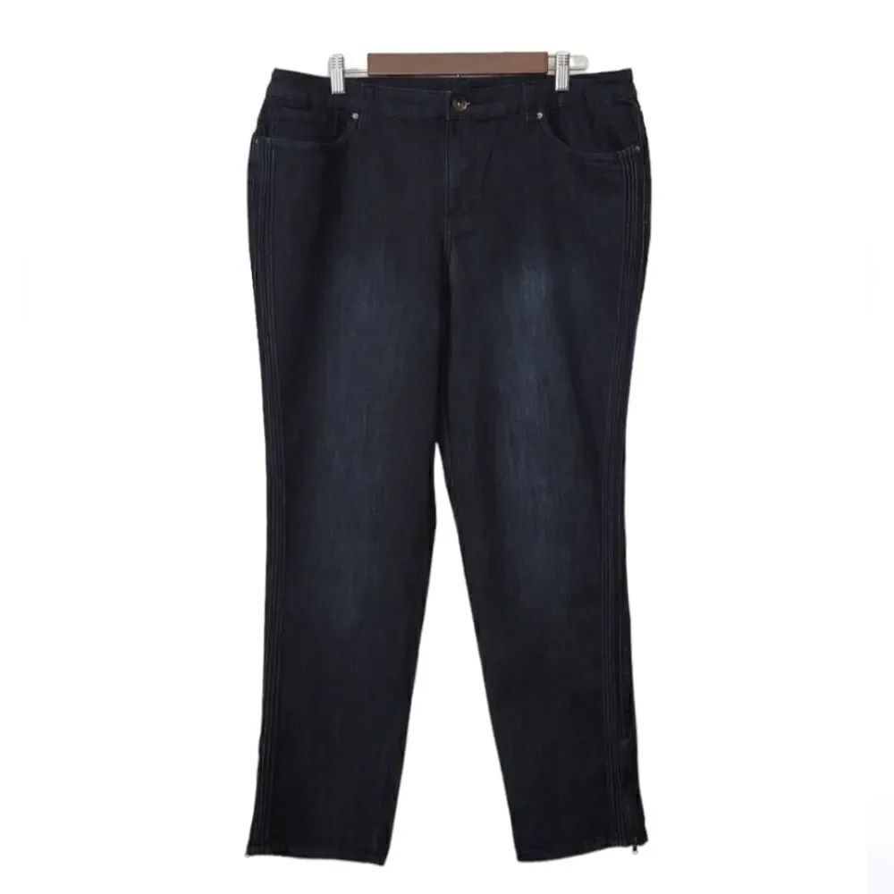Christopher & Banks Dark Wash Side Pleated Detail Zip Ankle Blue Jeans Size 14